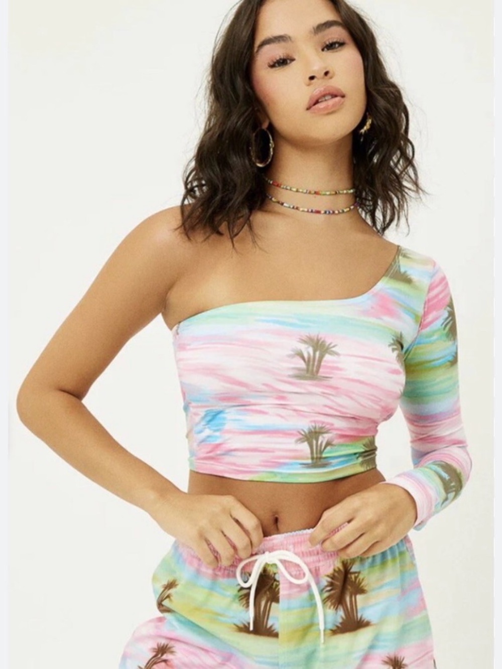 Frankie's Bikinis Pastel Pink One-Shoulder Palm Print Crop Top
